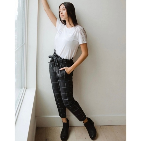 Albion Windowpane Bow Belt Capri Pant Black White Check Paperbag Waist - Picture 3 of 13